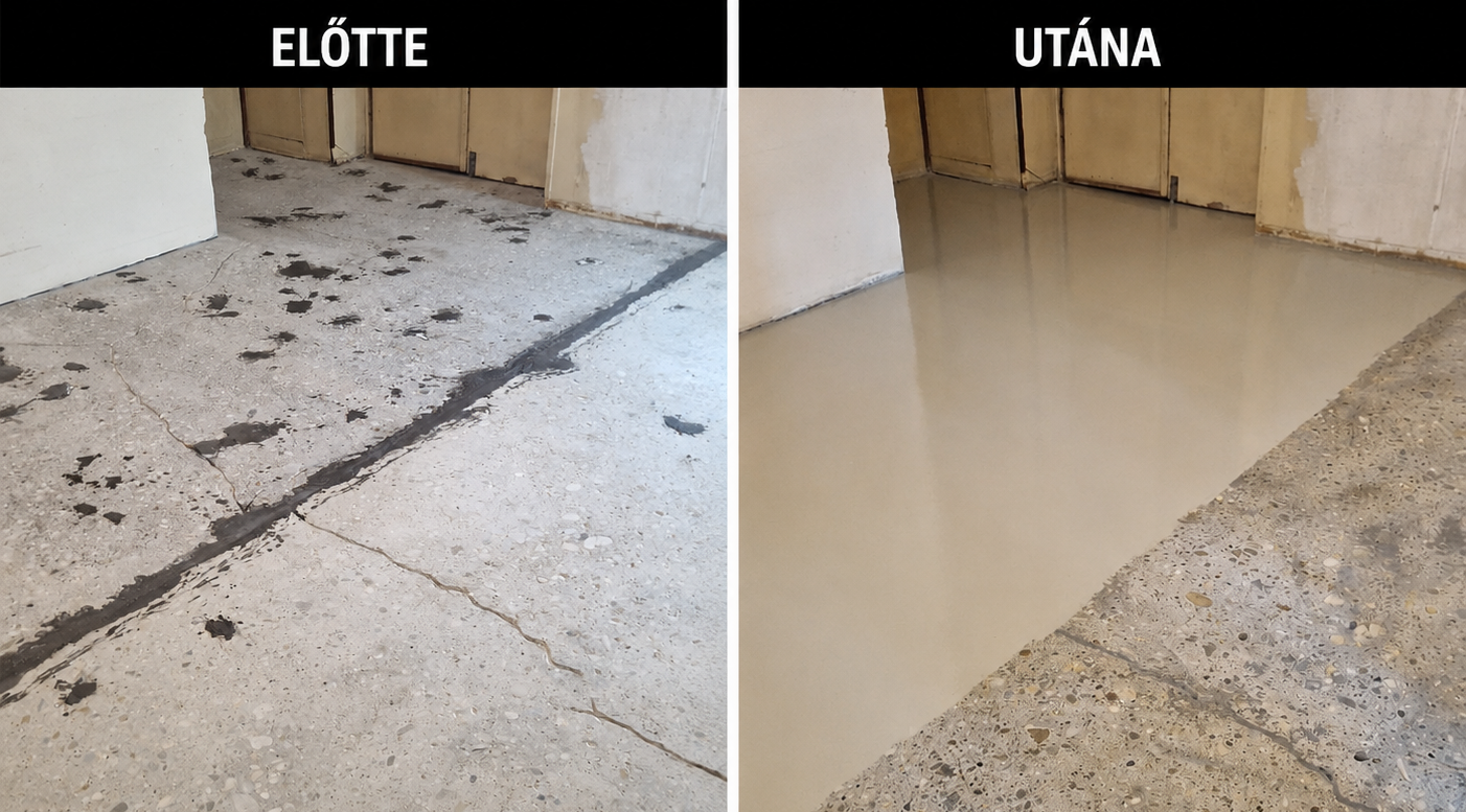 Repedezett és sérült ipari padló javítás előtt és után